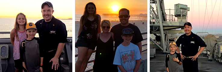 Three square photos of Brian with his family. All photos have a sunset in the background. Three square photos of Brian with his family. All photos have a sunset in the background.